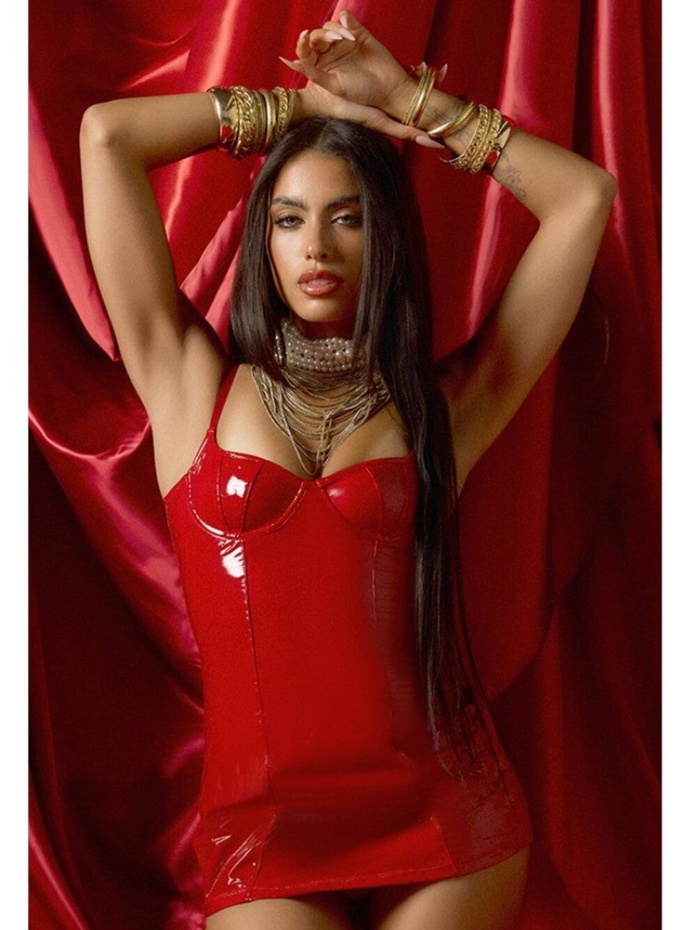 NWT House of Desire Vinyl Chemise Set Dress G-String Red Sexy Lingerie